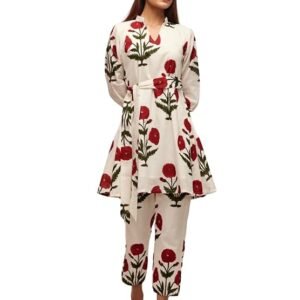 Leriya Fashion White Kurti Set for Women | V-Neck Straight Kurta Sets for Woman | Summer Co ord Set For Women Stylish | Ethnic Kurtis for Office Outfit | Floral Printed Kurtis 3/4 Sleeve