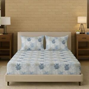 Trance Home Linen 100% Cotton 180 TC 78"X48" Twin Bed Size Elastic Fitted Bedsheet | Printed Twin Size Bed Elasticated Fitted Bedspread With 2 Pillow Covers (78X48 Inch, Ferns Blue)